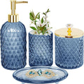 Haturi Blue Bathroom Accessories Set, 4Pcs Glass Bathroom Accessory Set Complete w/Lotion Soap Dispenser, Toothbrush Holder, Qtip Holder, Soap Dish, Blue Bathroom Decor Sets, Gift for Home Apartment