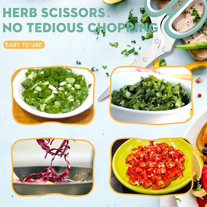 Herb Scissors with 5 Blades and Cover, Kitchen Herb Cutter with Cleaning Comb, Stainless Steel Multi Blade Herb Shears for Basil Parsley Cilantro, Easy Clean Cooking Tool, Unique Kitchen Gadgets Gift