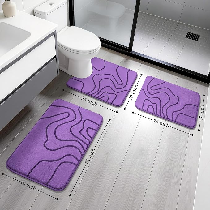 YIHOUSE Memory Foam Bathroom Rugs Sets 3 Piece - Extra Thick Ultra Soft Absorbent Bath Mat Set, Non-Slip Machine Washable Bath Rugs for Bathroom, Tub & Shower, Home Decor Accessories, Purple