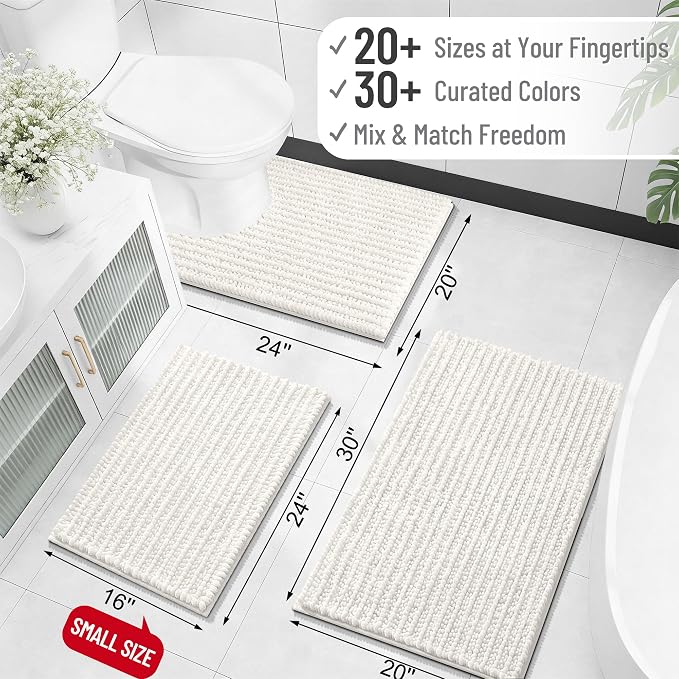 OLANLY Long Bathroom Rugs Runner 59x20, Thick Soft and Absorbent Chenille Bath Mat, Non-Slip, Machine Washable Quick Dry Bath Rugs for Tub Shower Floor, Home Decor Accessories, Ivory
