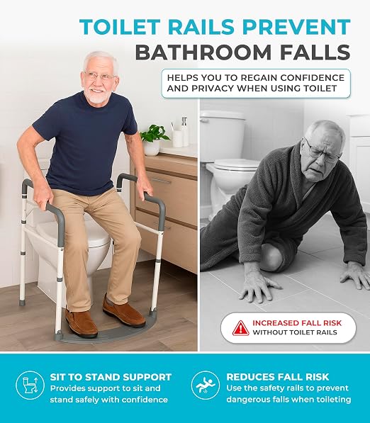 Stander Wonder Toilet Safety Rails for Seniors, Adjustable Detachable Toilet Frame with Padded Handles for Elderly Adults, Foldable Handicap Support Rail with Footrest, Fits Any Toilets
