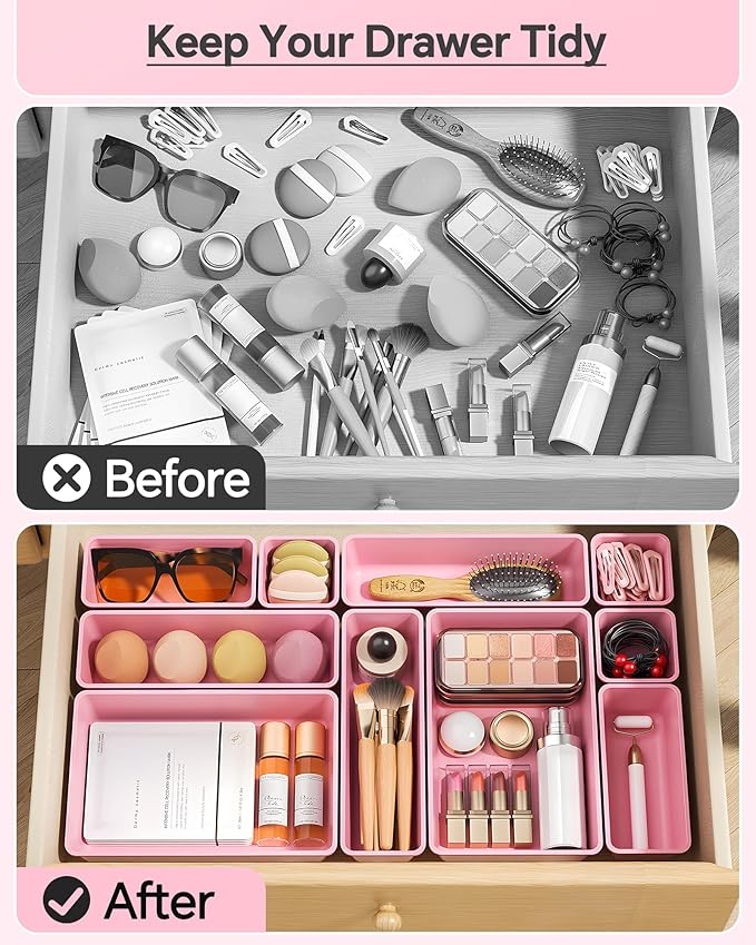 KEMETHY 25 PCS Plastic Drawer Organizers Set, 4 Sizes Vanity Organizer, Makeup and Desk Drawer Organizer Trays, Organization and Storage for Makeup, Bathroom, Kitchen Utensils and Office (Pink)