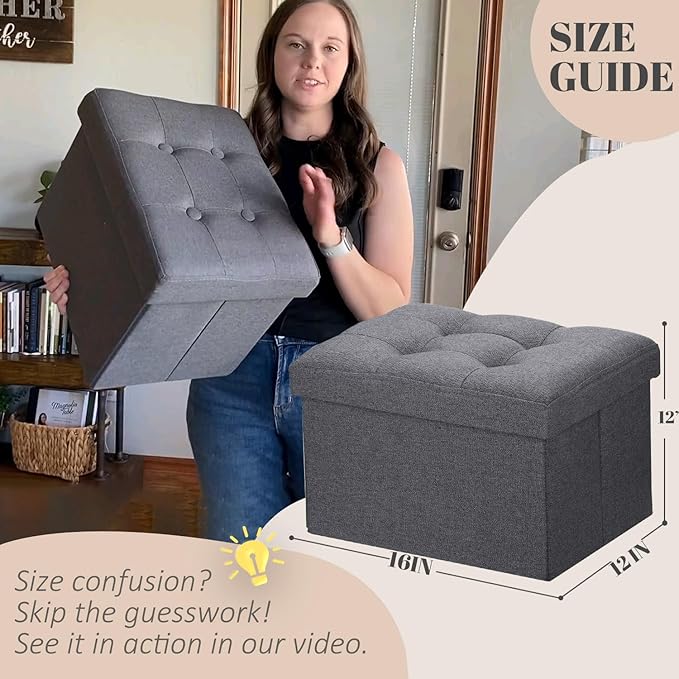 LINMAGCO Ottoman Storage Ottoman with Storage Small Foot Rest Stool Under Desk Stool Short Folding Footrest Linen Cloth Dark Gray 16X12X12IN