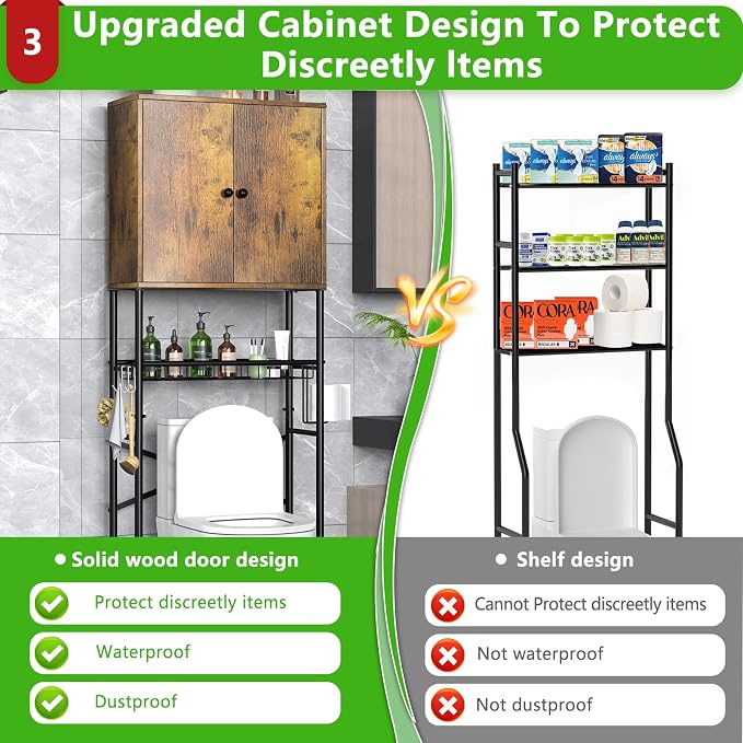 Over The Toilet Storage Cabinet - 2-Door Bathroom Organizer Shelf, Freestanding Space-Saver Toilet Rack with Privacy Protection, Water-Resistant Above Toilet Storage Cabinet for Small Bathrooms(Brown)