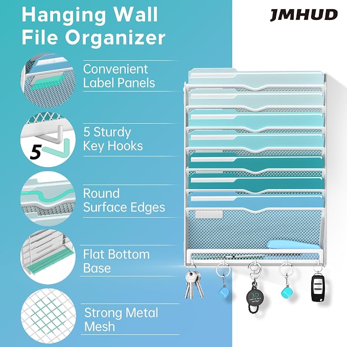 8-Tier Hanging Wall File Organizer with 5 Hooks, Mesh Wall File Holder Vertical Mount Mail Organizer for Papers, Folders, Magazines, Bills, Office and School, White