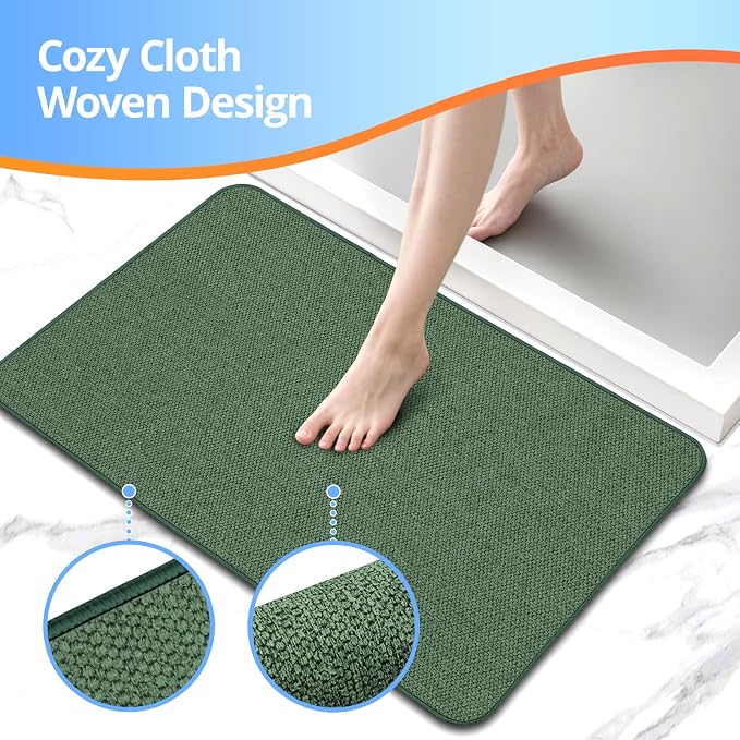 Upgraded Bath Mat 19x30Inch, Thin Bath Mats Rugs with Rubber Backing Non-Slip, Absorbent,Quick Dry Machine Washable, Home Decor Accessories Cozy Cloth Bathroom Rugs fit Under Door/Sink/Tub-Green