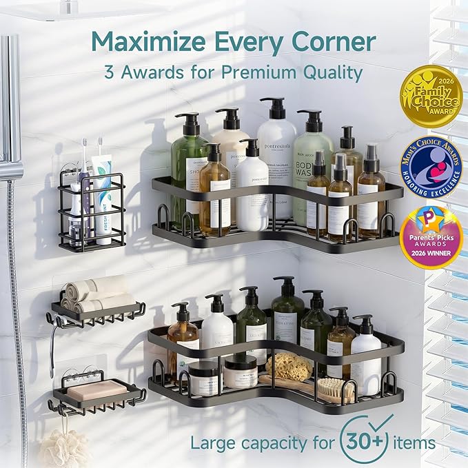 Veken Corner Shower Caddy 5-Pack, Advanced Rustproof Design, No Drilling Adhesive Shelves, Rack with Soap Holder, Large Capacity Bathroom Organizers and Storage, Wall-Mounted Kitchen&Home Decor,Black