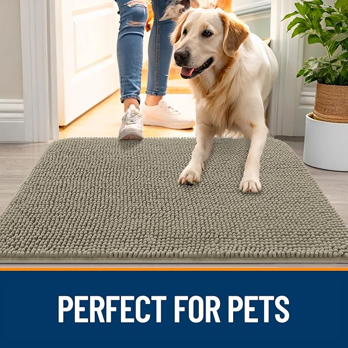 OLANLY Dog Door Mat for Muddy Paws 35x24, Absorbs Moisture and Dirt, Absorbent Non-Slip Washable Doormat, Quick Dry Chenille Mud Mat, Entry Indoor Entryway Carpet for Inside Floor, Warm Taupe