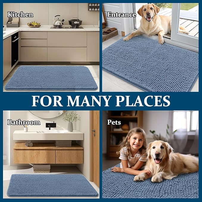 OLANLY Dog Door Mat for Muddy Paws 50x30, Absorbs Moisture and Dirt, Absorbent Non-Slip Washable Doormat, Quick Dry Chenille Mud Mat for Dogs, Entry Indoor Entryway Carpet for Inside Floor, Airy Blue