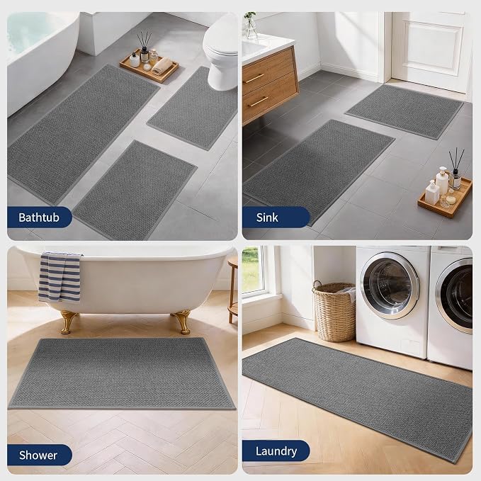 YIHOUSE Dark Gray Bathroom Rugs with Toilet Rug, Quick Dry Thin Bath Mat Sets 2 Piece, Non Slip Absorbent Machine Washable, Bath Rugs for Tub Sink Home Decor (17"x24" + 17.5"x24" U-Shaped)