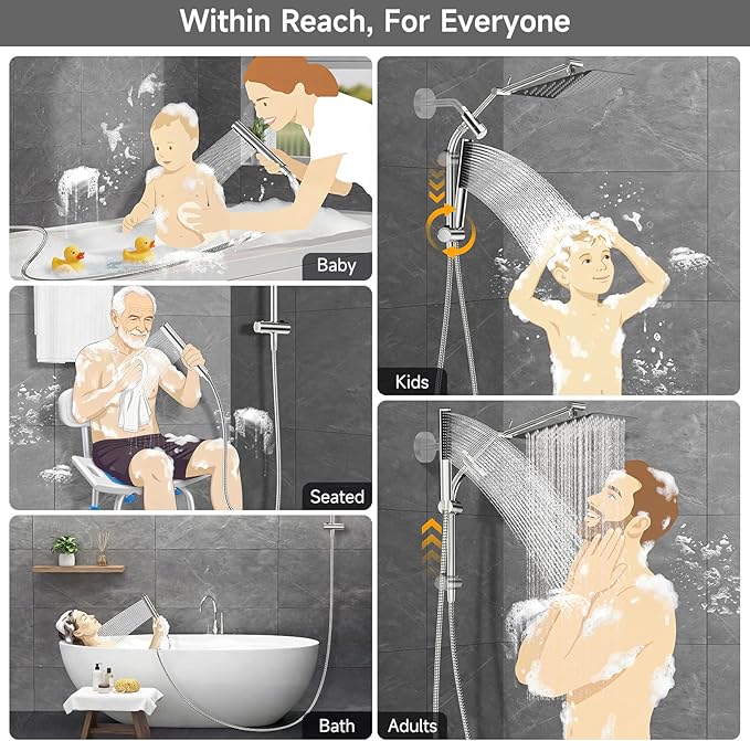 Veken All Metal 10" Shower Head with Handheld, Luxurious Square Double Rain Shower Heads with Spray Combo, Dual High Pressure Detachable Rainfall Showerhead with Extension Arm, Long Hose,Chrome,Sliver