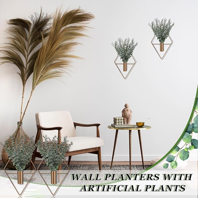 Jexine 4 Pcs Hanging Planters with Artificial Eucalyptus Metal Hanging Vase Indoor Plants Holder Modern Geometric Boho Bathroom Wall Decor for Living Room Home Office (Eucalyptus,Bronze)