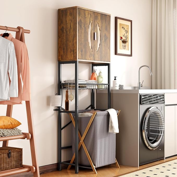 Kalrin Over The Toilet Storage Cabinet with Fluted Wave Doors and Adjustable Shelf, Wood Over Toilet Storage Rack with Drain Basket, Freestanding Bathroom Organizer for Balcony Laundry, Vintage Brown