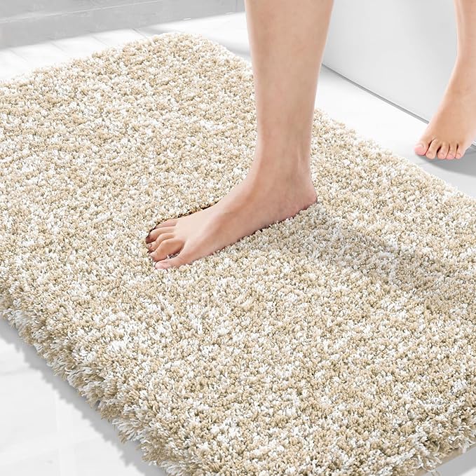 Yimobra Bathroom Rugs Non Slip Washable 36X24, Ultra Soft and Water Absorbent Bath Mats, Plush Fluffy Shower Mat Outside, Luxury Microfiber Thick Matts for Bathroom Floor/Tub, Light Beige and White