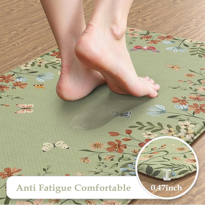 KIMODE Anti Fatigue Kitchen Mats 20"x59"+20"x32", Farmhouse Kitchen Rugs Sets of 2, Cushioned Non Skid Kitchen Mats for Floor, Comfort Kitchen Floor Mats for Sink Laundry Desk Sage Green
