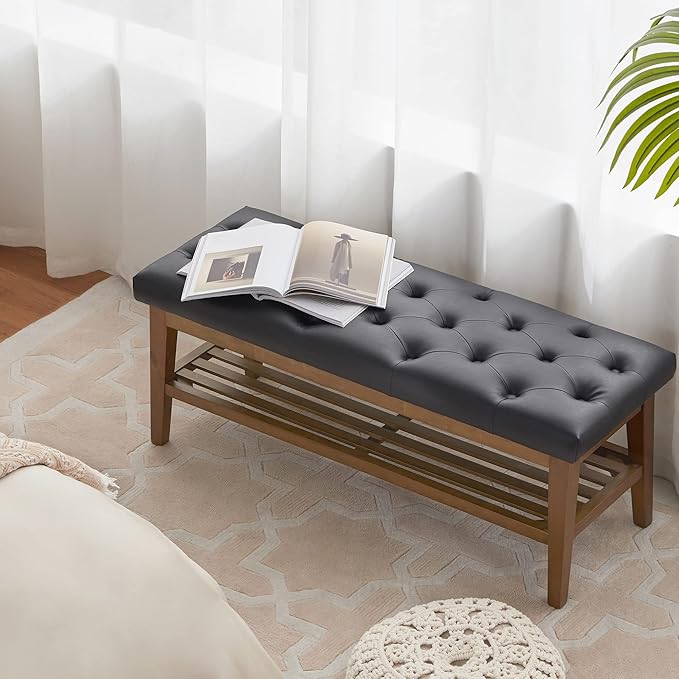 HUIMO Entryway Shoe Leather Bench, End of Bed Bench,PU Button-Tufted Indoor Bench,Ottoman Bench for Living Room, Padded Bench with Solid Wood Shelf,Kitchen Leather Seat Dining,Black