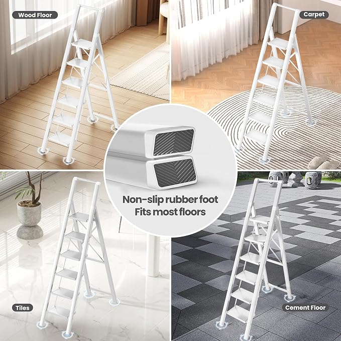 SOLADDER 6 Step Ladder, Folding Step Stool with Handgrip and Anti-Slip Wide Pedal, Portable Lightweight Aluminum Stepladder for Kitchen, Home, Library, Office (300 lbs Capacity) - White
