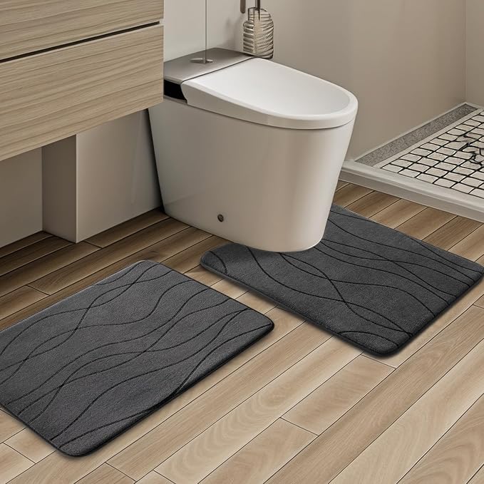 YIHOUSE Memory Foam Bathroom Rug Sets, Dark Grey, 2 Piece-U Shape Small Mat | Ultra Soft, Absorbent, Non-Slip, Machine Washable