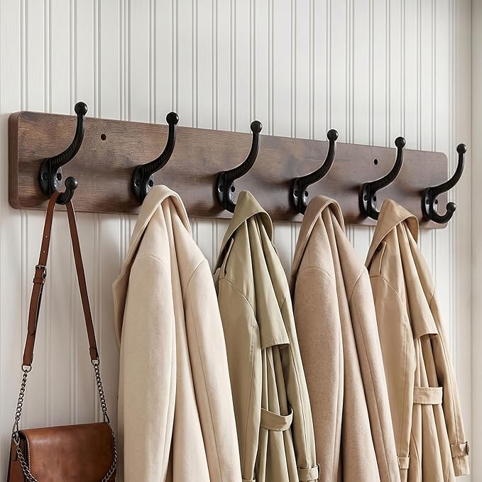 WEBI Rustic Coat Rack Wall Mount,24" Long 6 Cast Iron Coat Hooks Wall Mounted,Heavy Duty Wood Wall Coat Hanger Hooks for Hanging Coats,Jacket,Clothes,Backpack,Farmhouse,Rustic Brown
