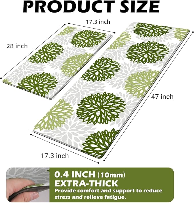 Kitchen Mats Set of 2 Cushioned Anti Fatigue Kitchen Rugs Non Slip Waterproof Kitchen Runner Memory Foam Kitchen Floor Mat Comfort Standing Mat for Sink,Office,Laundry, Green