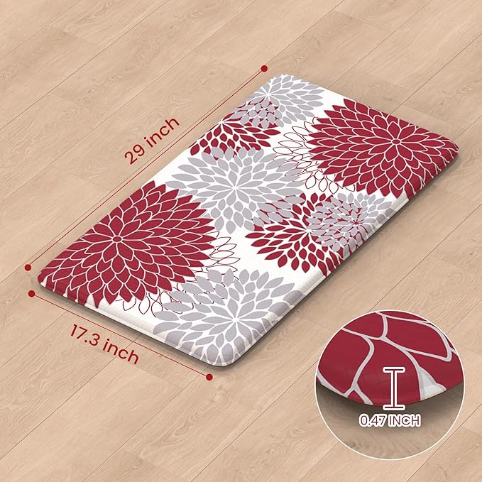 KIMODE Anti Fatigue Kitchen Mat 17.3"x29", Farmhouse Dahlia Padded Kitchen Floor Mats Non Slip, Waterproof Kitchen Mat for Floor, Comfort Standing for Laundry, Office, Sink, Desk Red and Grey