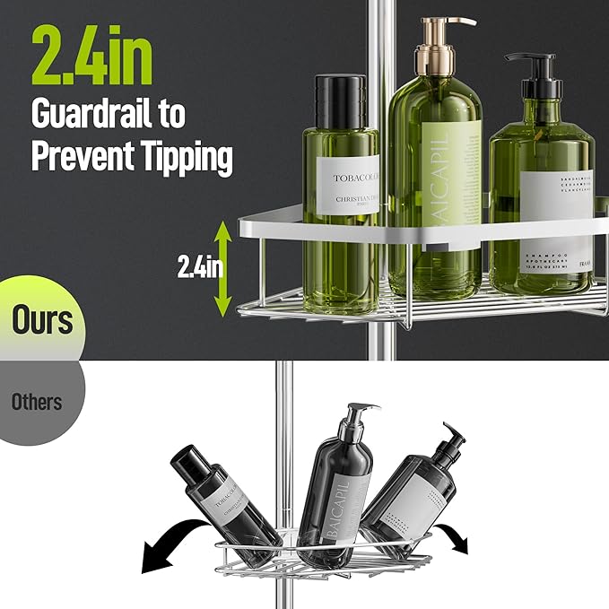 LAMU Shower Caddy Corner Tension Pole, Stainless Steel Shower Organizer, Strong Spring, 5 Adhesive Pads, 2.4 in Non-Slip Grid Base, Adjustable 4-Tier Basket, 4 Hooks, Fits Heights 37.8-124 in, Silver