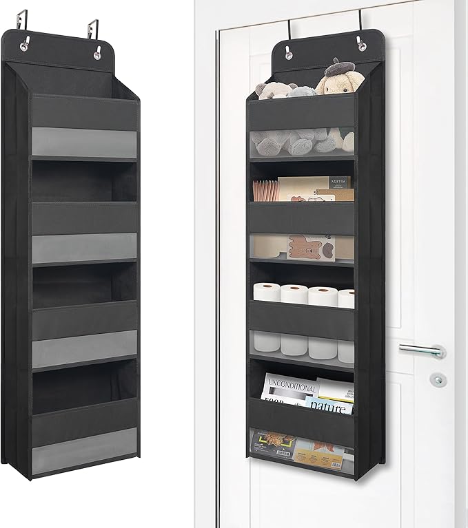 Giraffe Creation Compact Black Over Door Organizer with 4 Large Clear Pockets, Compact Hanging Door Storage for Bathroom, Dorm, Bedroom, Closet, Toiletries