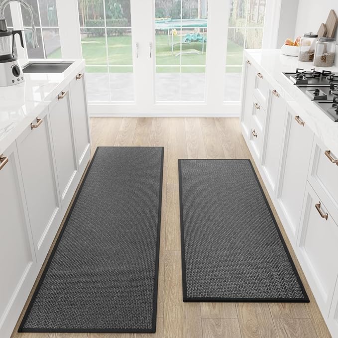 SUMLANS Kitchen Mat Set of 2 PCS, Cushioned Non Slip Rugs for Kitchen Floor, Absorbent Runner Comfort Standing Mats Washable for Kitchen, Office, Home, (Black, 17.3"x47"+17.3"x71")