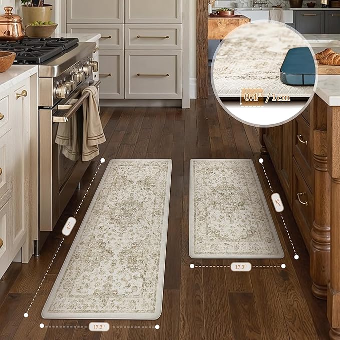 Anti Fatigue Kitchen Mats 2PCS Brown Neutral Mats for Cushioned Vintage Kitchen Matss for Floor Non-Slip Waterproof Comfort Standing Rug for Sink Laundry Office 17.3"×47"+17.3"×30"
