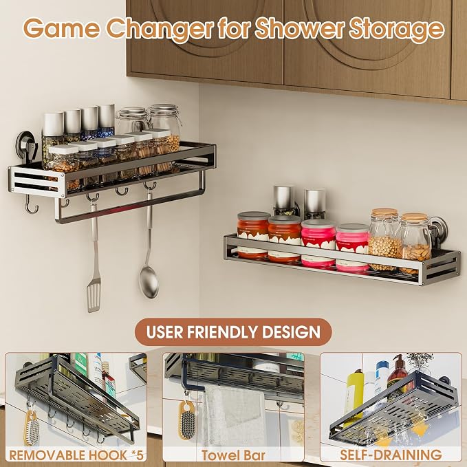 Suction Cup Shower Caddy, 11.8 inch Extended Version, with 5 Hooks & Towel Rrack, No Drilling Required, Rust-Resistant Bathroom Shower Organizer,Dark Grey