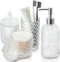 RYTOXILO Bathroom Accessories Set, 4 Pack Clear Glass Bath Accessory Sets Complete, Diamond Soap Dispenser and Toothbrush Holder Set for Bathroom Counter Organizer Essentials, Modern Bathroom Decor