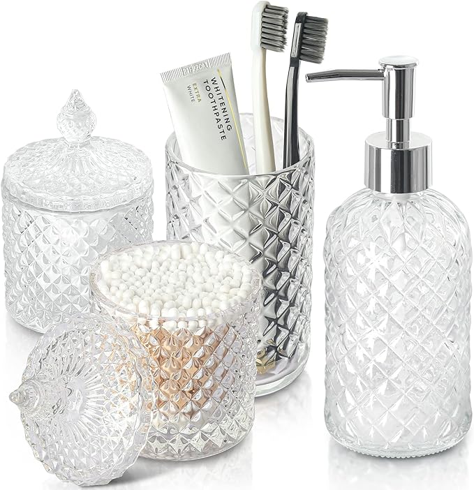 RYTOXILO Bathroom Accessories Set, 4 Pack Clear Glass Bath Accessory Sets Complete, Diamond Soap Dispenser and Toothbrush Holder Set for Bathroom Counter Organizer Essentials, Modern Bathroom Decor