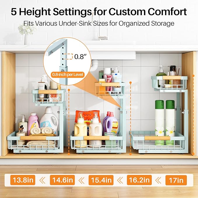PXRACK Under Sink Organizer, Adjustable Height, 2 Tier Pull Out Under Cabinet Organizer, Slide Out Thickened Metal Under Sink Storage for Kitchen Bathroom Laundry Pantry Cabinet, Blue, Large-1-Pack
