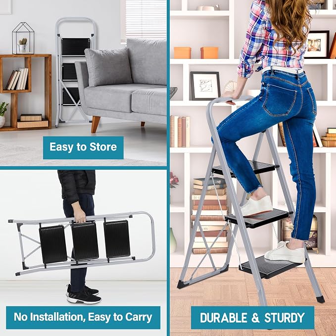 ZENY 3 Step Ladder Folding Step Stool with Wide Anti-Slip Pedal, Convenient Handgrip, Portable Steel Step Stool, 300 lbs Sturdy Steel Ladder for Household and Office