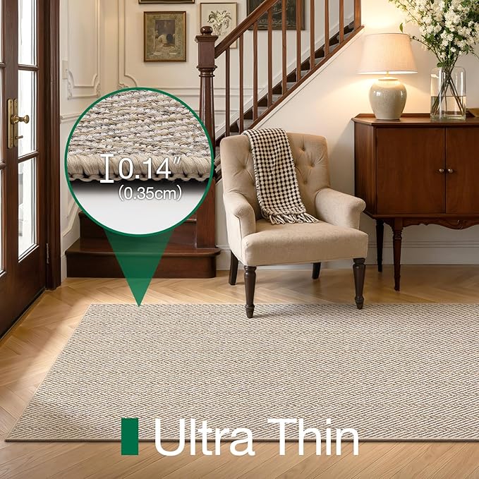 LUMI Ultra Thin Runner Rug for Hallway 2.7'x12', Non-Slip Entryway Rug with Rubber Backing, Unique Herringbone Design for Hallway, Entry, Kitchen, Patio, Beige