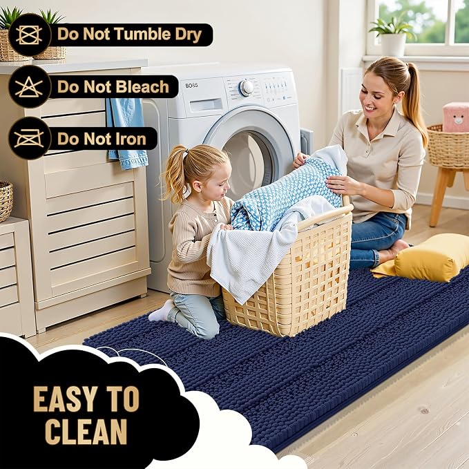 OLANLY Thick Bathroom Rugs 36x24, Extra Absorbent Chenille Striped Bath Rugs, Rubber Backing, Machine Wash Dry, Bath Mats for Bathroom Floor, Tub and Shower, Home Decor Accessories, Twilight Sapphire