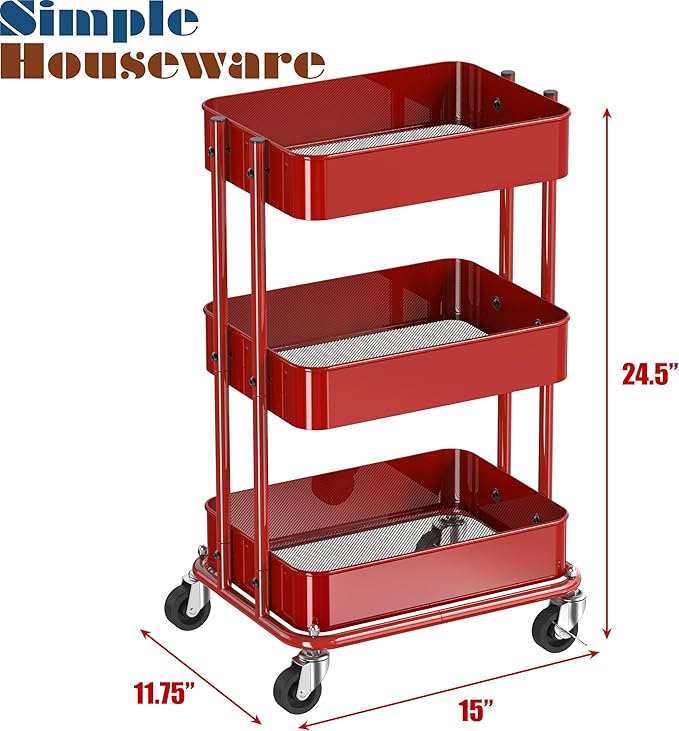 Simple Houseware 3-Tier Compact Utility Rolling Cart, Low 24” Height Fits Under Desk, Space-Saving Storage for Home Office, Dining Room, or Kitchen, Red