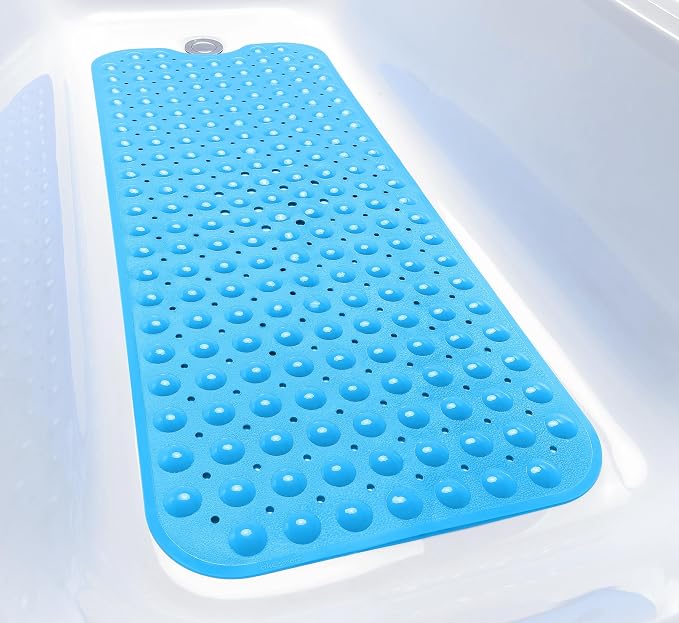Extra-Long Non-Slip Bathtub & Shower Mat 39”x16” (Smooth/Non-Textured Tubs Only) Safe, Clean, Machine-Washable, Superior Grip&Drainage, Vinyl, Opaque Light Blue