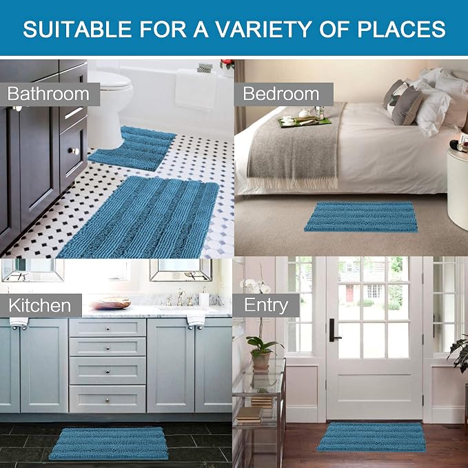 H.VERSAILTEX Bathroom Rugs Bath Rug Set 2 Piece Bathroom Contour Rug Toilet Mat Sets Non Slip Contour Bath Rug Ultra Thick Water Absorbent Striped Bath Mats(36" x 24" Plus 20" x 24" U, Turquoise Blue)