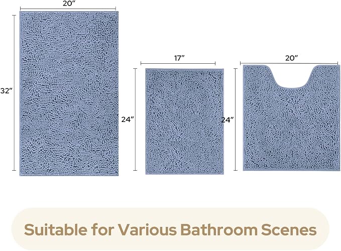 HOMEIDEAS 3 Pieces Bathroom Rugs, Ultra Soft Non Slip Absorbent Chenille Toilet Bath Mat Set (Grey Blue)