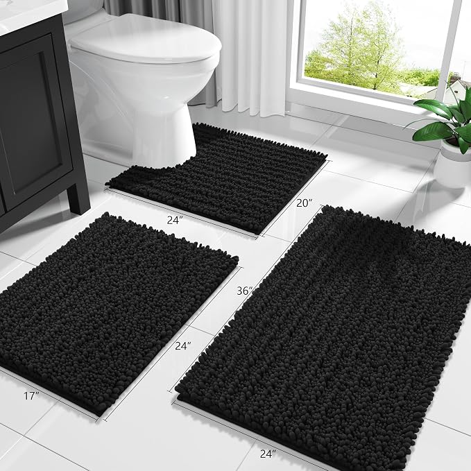 Yimobra Bathroom Rugs Non Slip Washable 32x20 Inch - Ultra Soft Absorbent Chenille Bath Mat, Quick Dry Shaggy Floor Carpet for Tub Shower, Black Home Decor Accessories