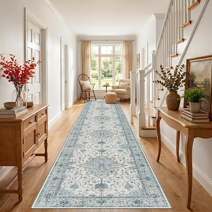 RELEANY Area Rugs Runner 3'x20' Washable Non-Slip, Floral Vintage Distress Medallion Carpet for Kitchen Hallway Bedroom Beside Laundry Room Bathroom, Light Blue Navy Gray White