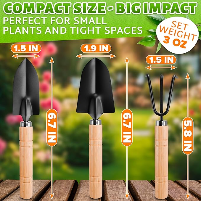 Small Garden Tools - 3 Pcs Mini Garden Tools Set with Small Trowel, Mini Shovel & Hand Rake Made of Rust-Resistant Iron & Solid Wood - Indoor Gardening Tools Set for Succulent, Bonsai & Pot Plants