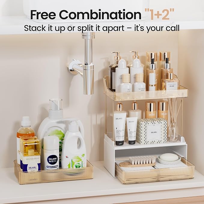Delamu Bathroom Organizers and Storage, 2 Tier 2 Drawer Makeup Organizer Countertop, Easy to Install, Ideal for Bathroom Counter, Vanity, Ideal for Women Girls, Amber 2Pack
