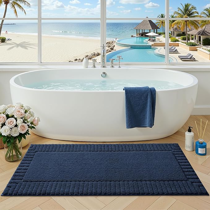 LUMI Bathroom Rugs Non Slip with Rubber Backing, Extra Soft Plush Microfiber Bath Rug Absorbent, Machine Washable Bath Mat Quick Dry for Tub, Shower, Hotel, Blue, 24"x60"