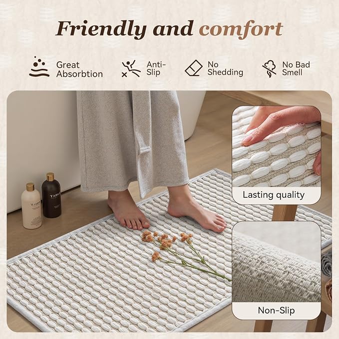 AMOAMI Unique Woven Bath Mat, Super Absorbent Non Slip Bath Mats for Bathroom Floor Textured Bathroom Mat Quick Dry Washable Boho Thin Bathroom Rugs for Beside Tub, 20" x 32", White
