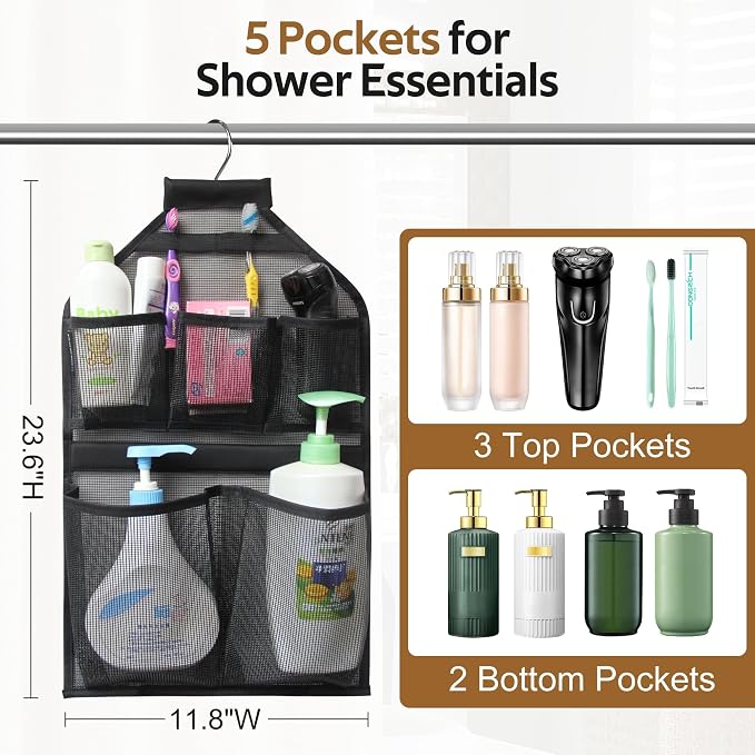 MISSLO Bathroom Shower Organizer Mesh Hanging Shower Caddy with Rotatable Hanger (Black)