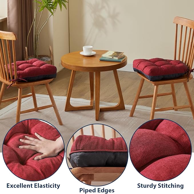 IASEAHK Chair Cushions for Dining Chairs, Seat Cushions for Kitchen Chairs, Indoor Seat Cushions with Ties, Tufted Foam Chair Pads, Non Slip Chair Cushions Set of 4, 15.5" x 15.5" x 4", Red