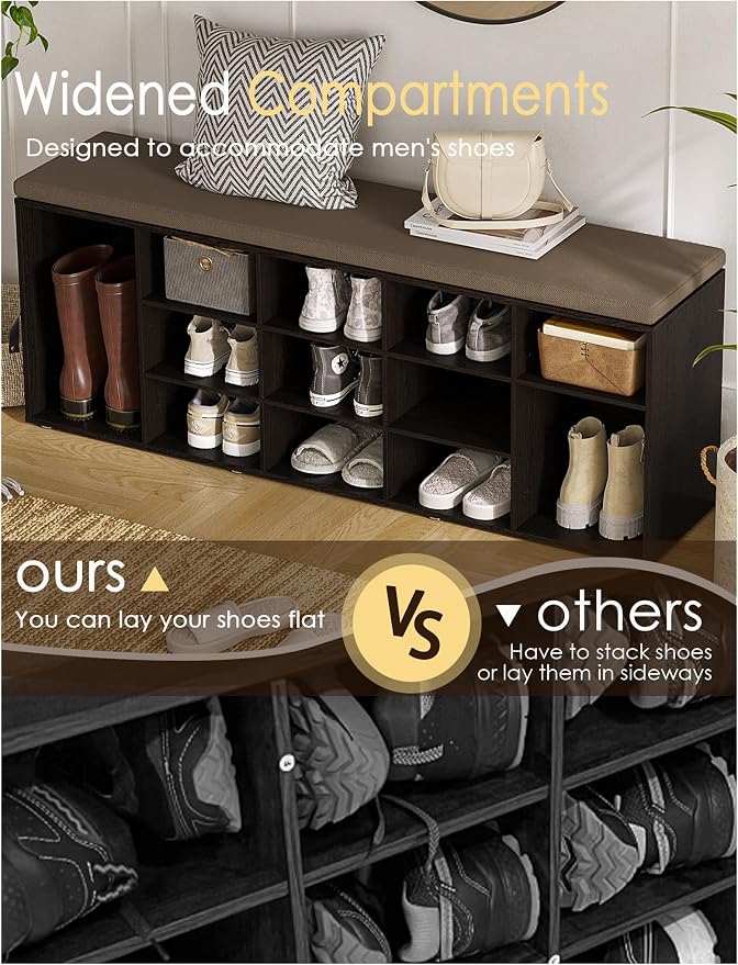 DINZI LVJ Shoe Storage Bench with Cushion, 13-Cubby Shoe Rack, Adjustable Shelves, Multifunctional Shoe Organizer Bench for Entryway, Mudroom, Hallway, Living Room, Bedroom and Garage, Espresso