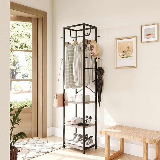 ELYKEN Coat Rack Freestanding, Hall Tree with 3 Storage Shelves and 12 Hooks, Industrial Clothes Rack Stand Organizer for Bedroom, Hallway, Entryway, Office, Living Room, Greige